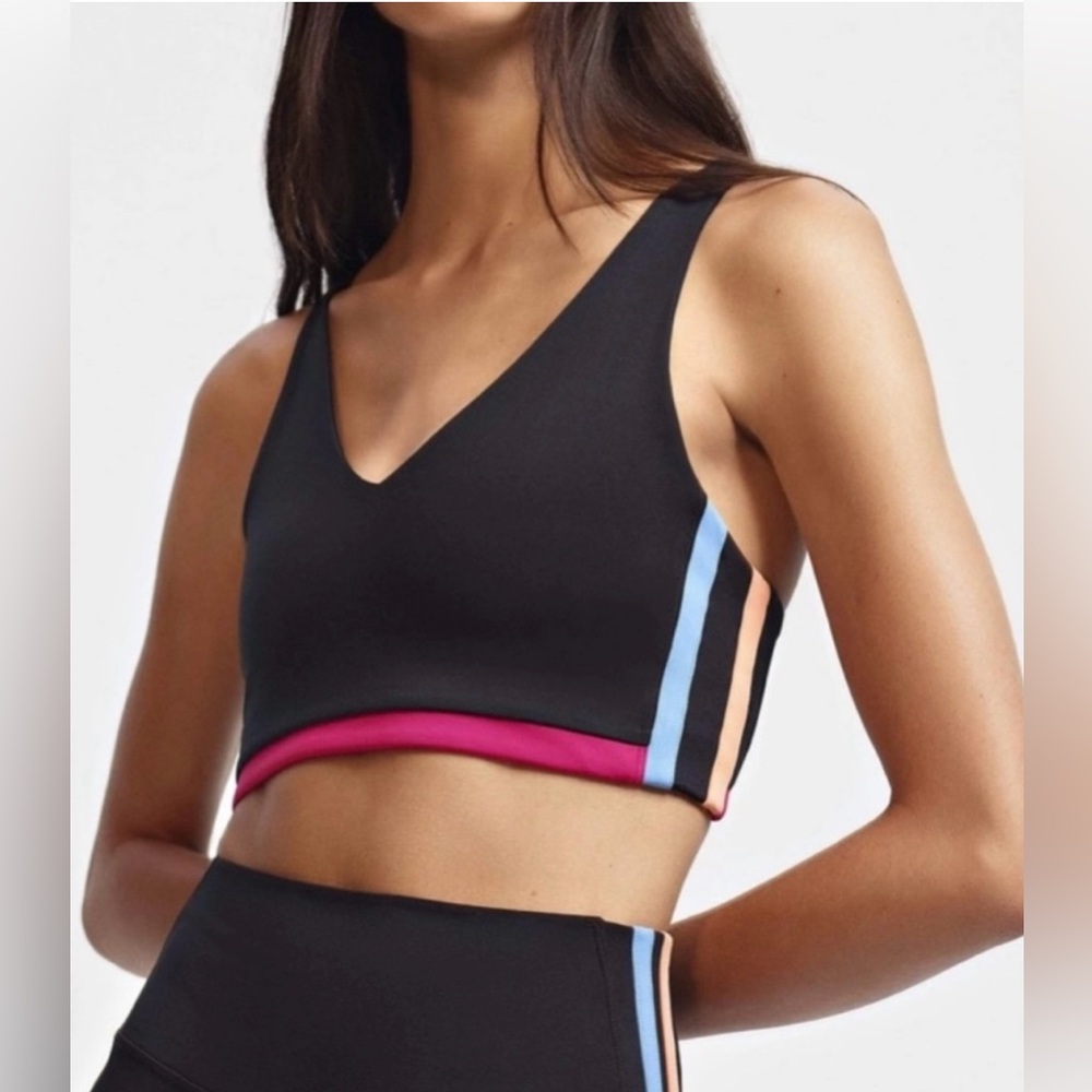 Splits59 Black Sports Bra with Pink and Blue Contrast Trim